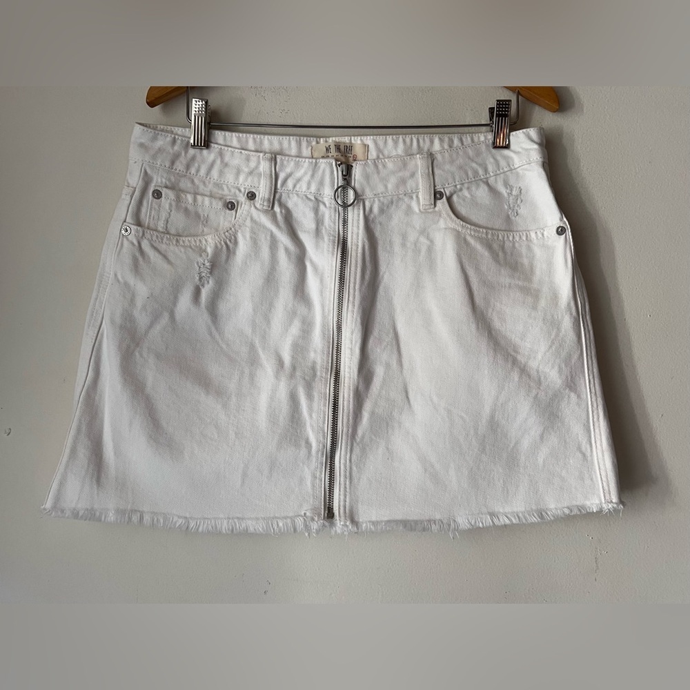 FP We The‎ Free Zip Up Raw Frayed Hem White Denim Mini Skirt Sz 31